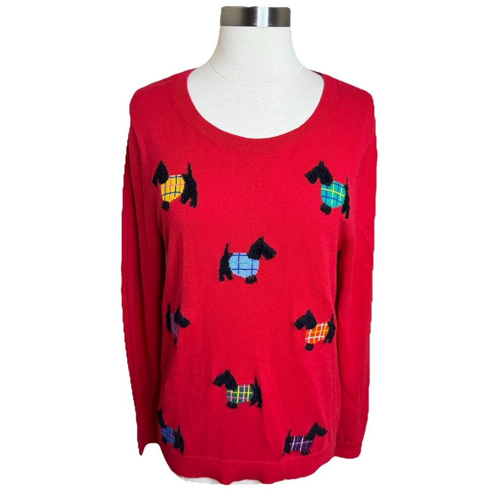 Talbots Red Scottie Dog Sweater M Cotton Cashmere Blend Plaid Novelty AOP
